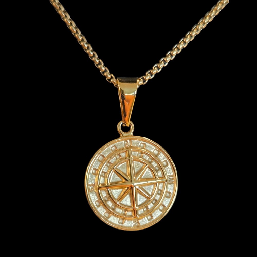 Gold Plated Stainless Steel Compass Pendant Necklace 21 Inch Chain